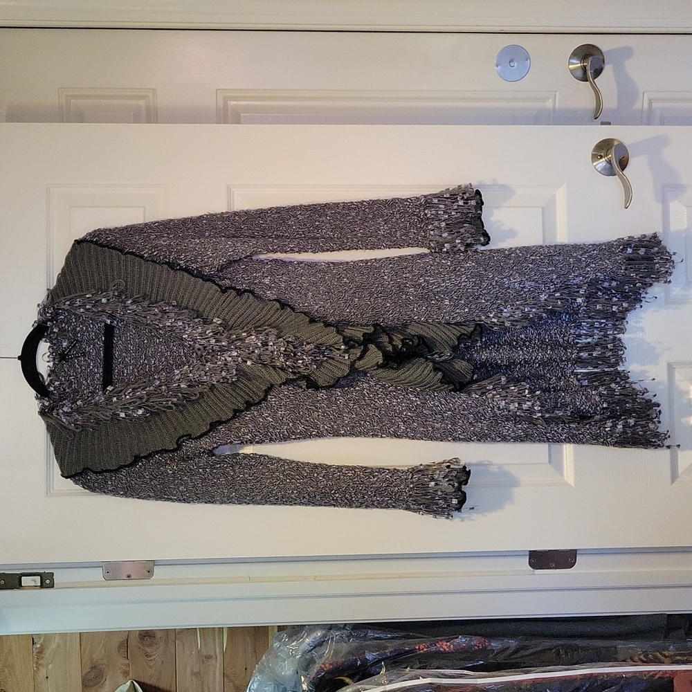 Dramatic Poly/Acrylic Sweater Duster Grey Silver Fringe by Lapis L